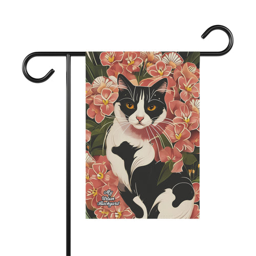 Black & White Cat in Flowers, Garden Flag