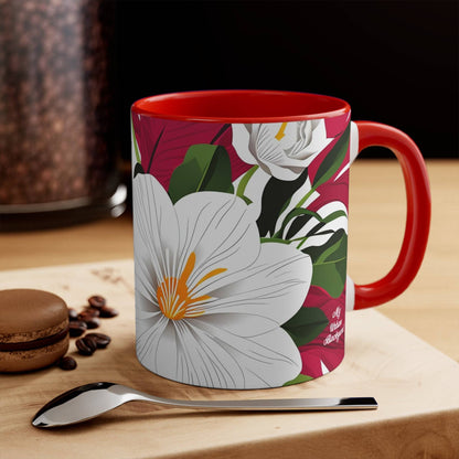 Ceramic Mug for Coffee, Tea, Hot Cocoa. Home/Office, White Flowers on Red