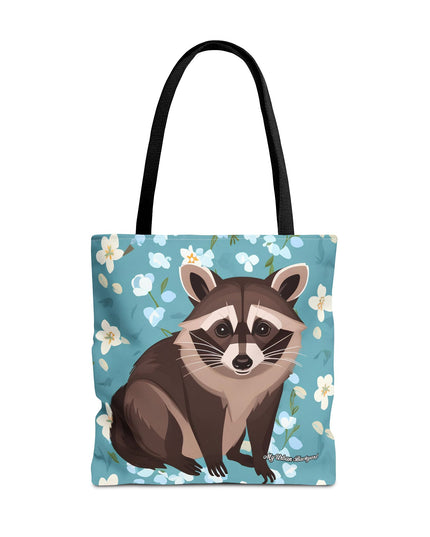 Young Raccoon w Flowers Tote Bag with Cotton Handles For Everyday Use, 3 Sizes