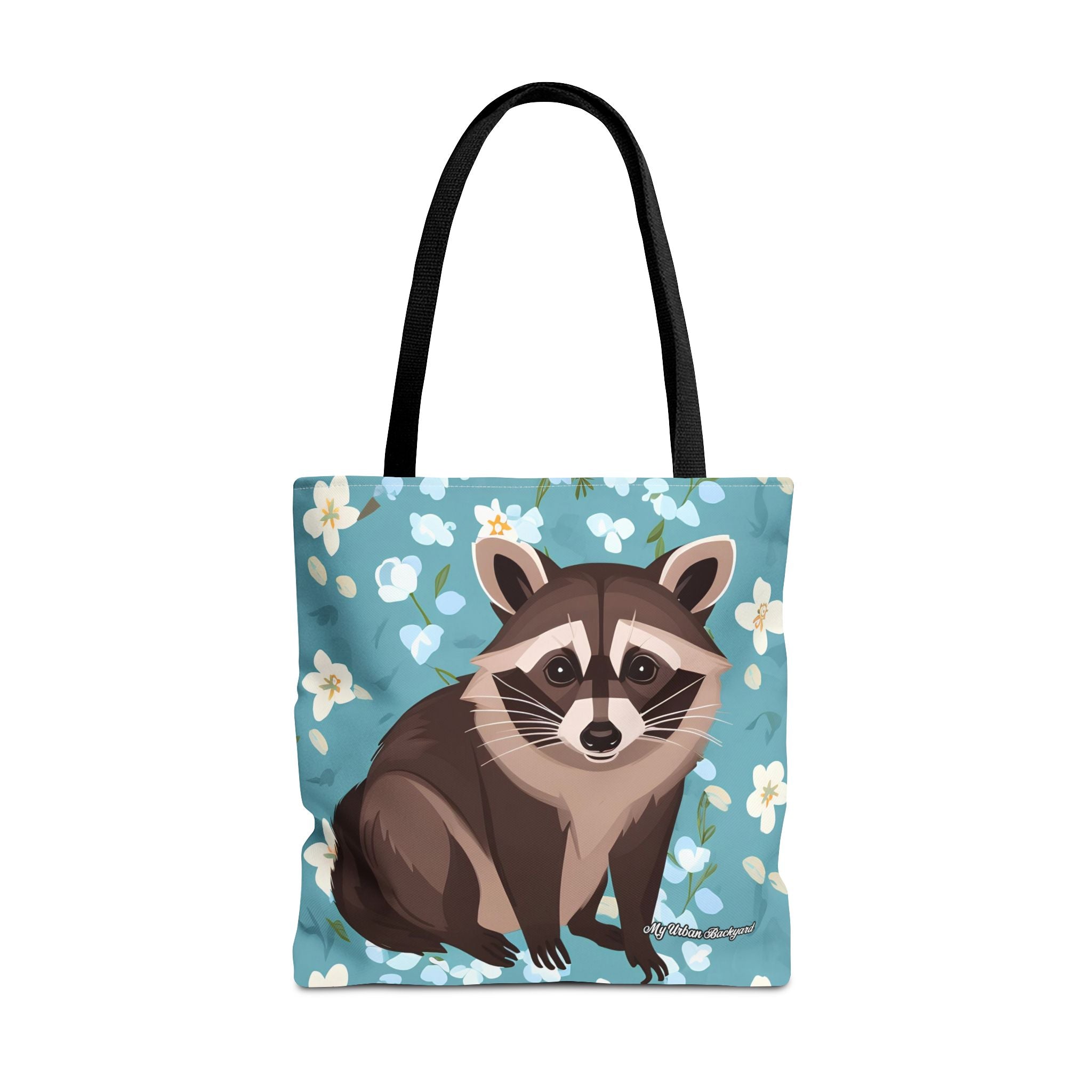 Young Raccoon w Flowers Tote Bag with Cotton Handles For Everyday Use, 3 Sizes