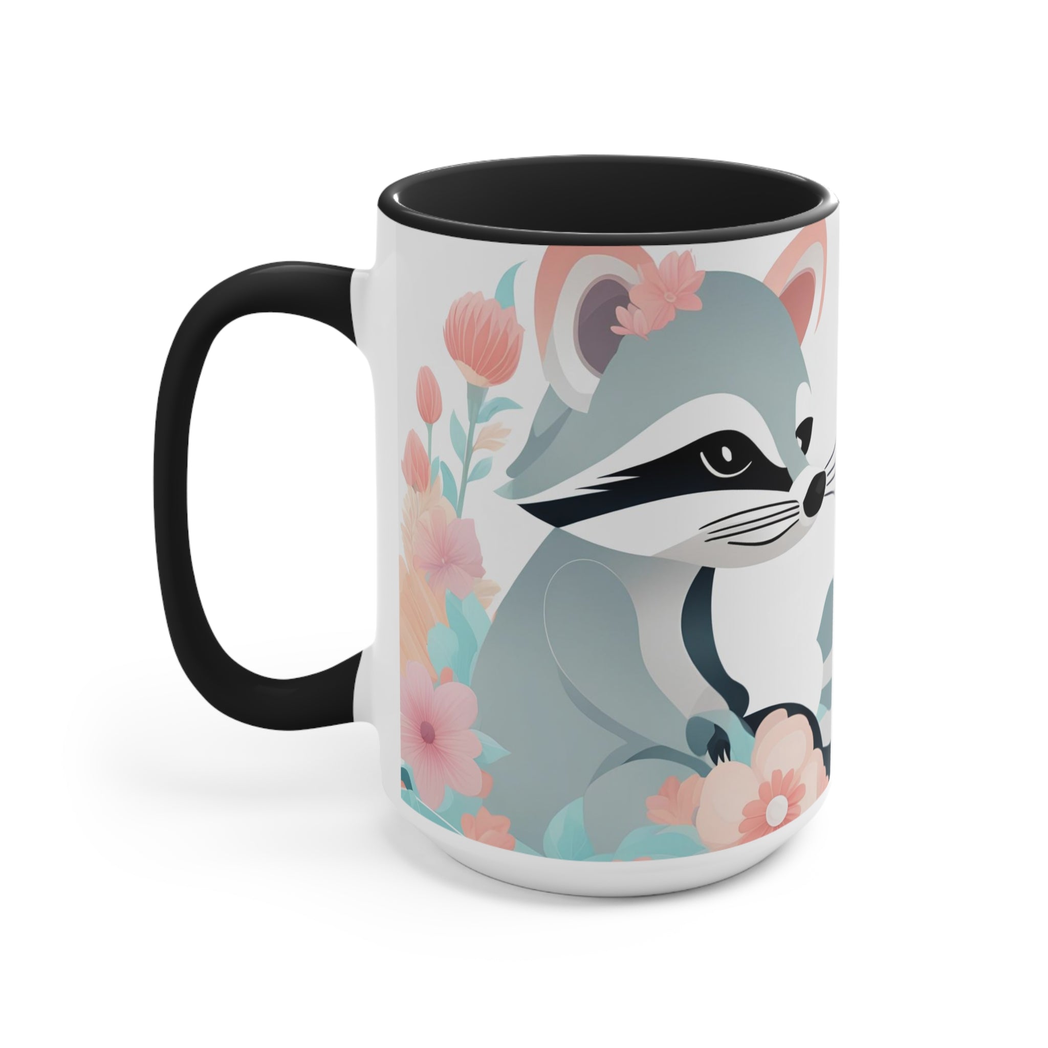Two Raccoons with Pastel Flowers, Ceramic Coffee Mug