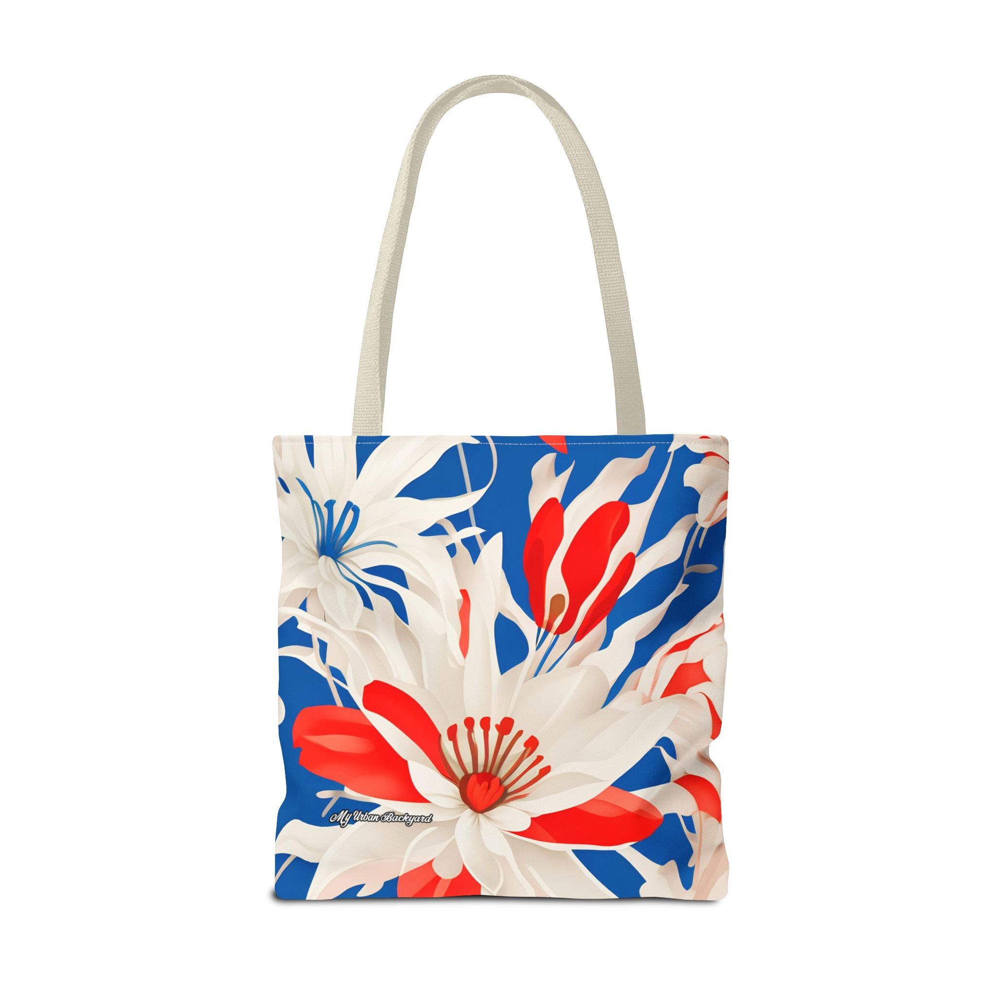 Red White & Blue Flowers Tote Bag with Cotton Handles For Everyday Use, 3 Sizes