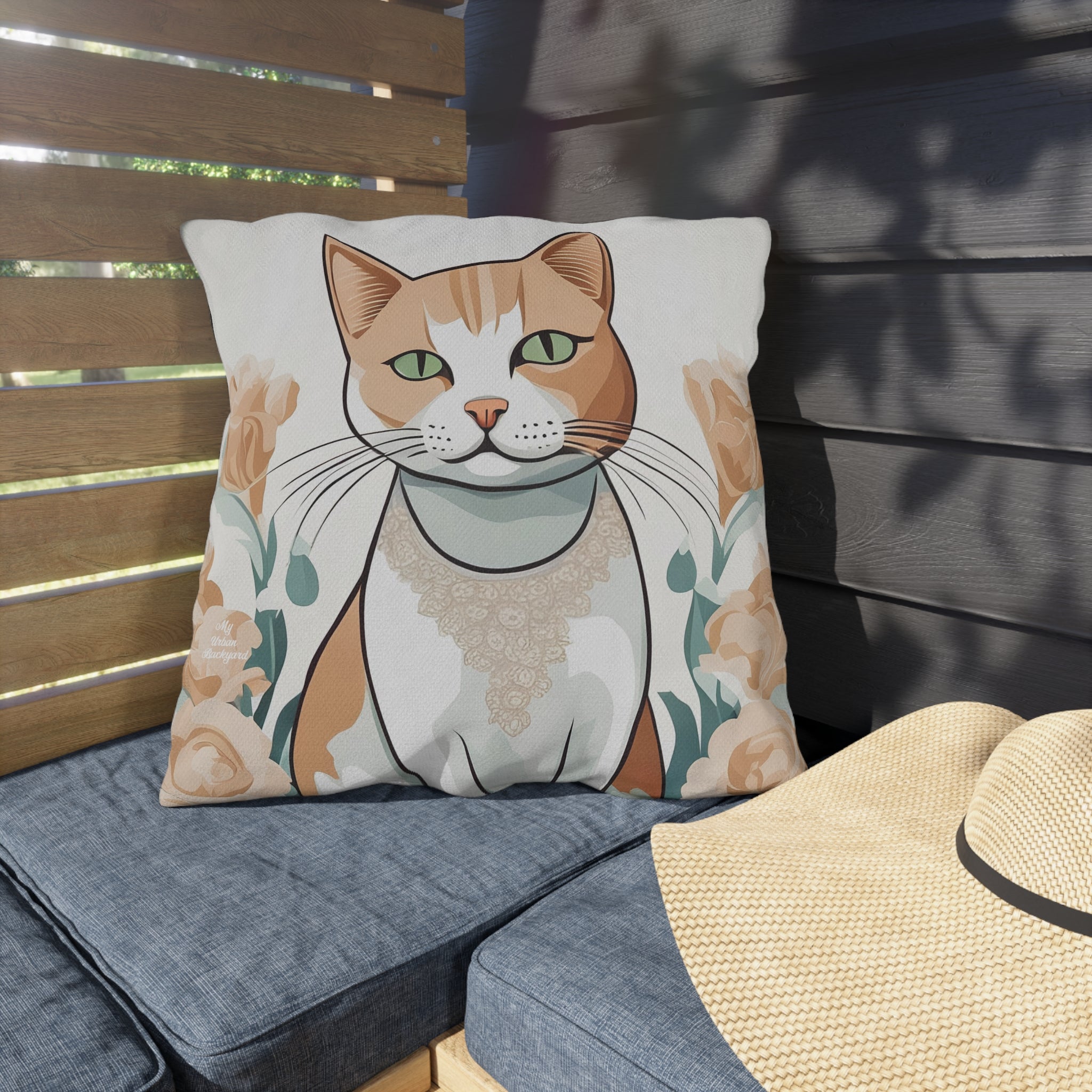 Green-Eyed Tabby Cat, Bay Leaf accent color, Throw Pillow