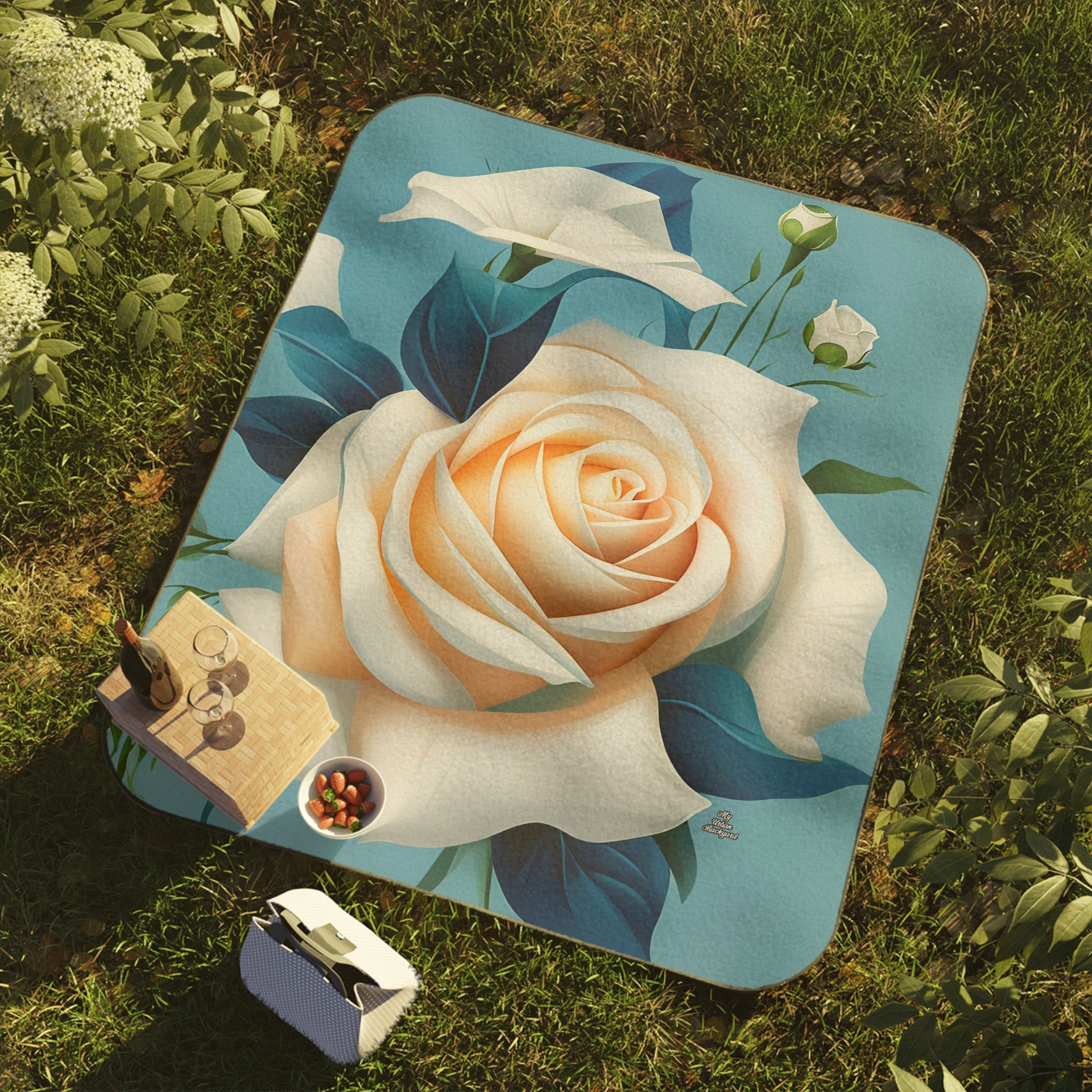 Large Flower, Cozy Outdoor Picnic Blanket, Water-Resistant Bottom, 51" × 61"
