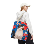 Cat with Red and White Flowers, Tote Bag with Cotton Handles For Everyday Use, 3 Sizes