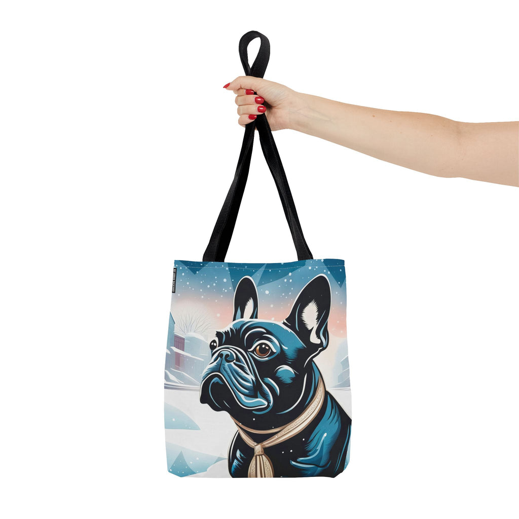 French Bulldog Winter Tote Bag — Snowy Pup All-Over Print Tote
