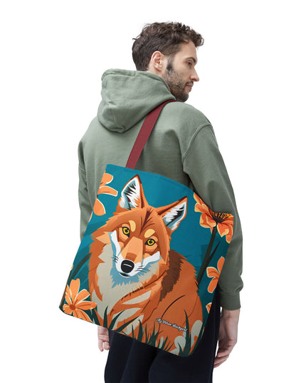Coyote with Flowers Tote Bag with Cotton Handles For Everyday Use, 3 Sizes