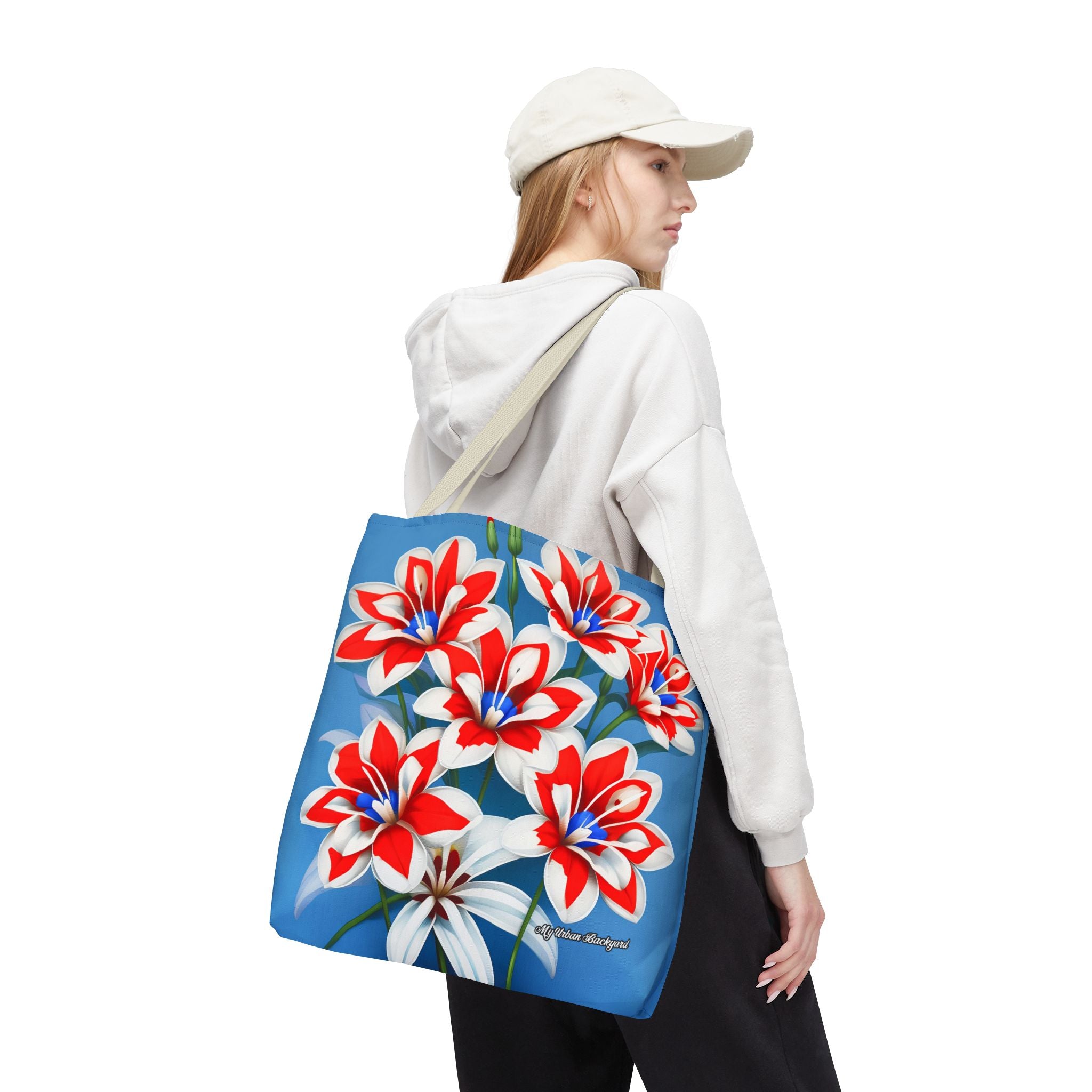 Bouquet of Red White and Blue Flowers Tote Bag with Cotton Handles For Everyday Use, 3 Sizes