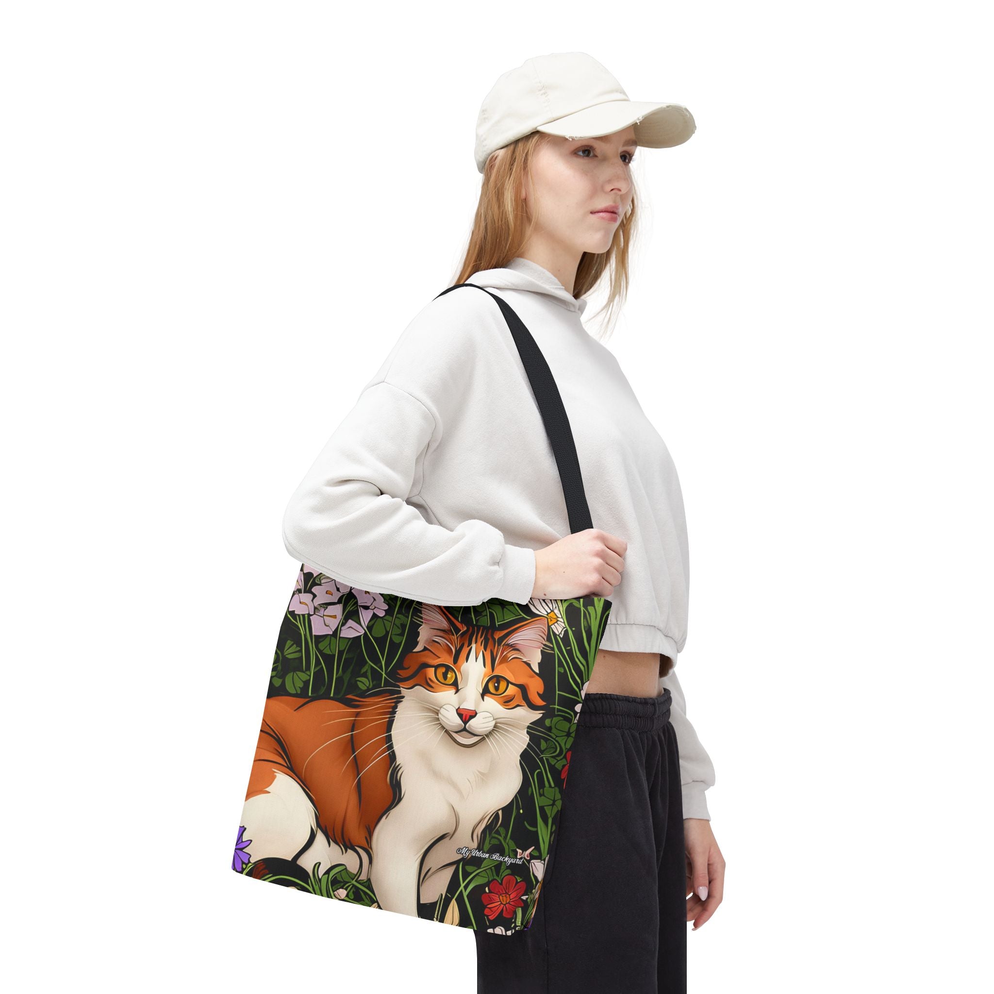 Orange Cat with Flowers Tote Bag with Cotton Handles For Everyday Use, 3 Sizes