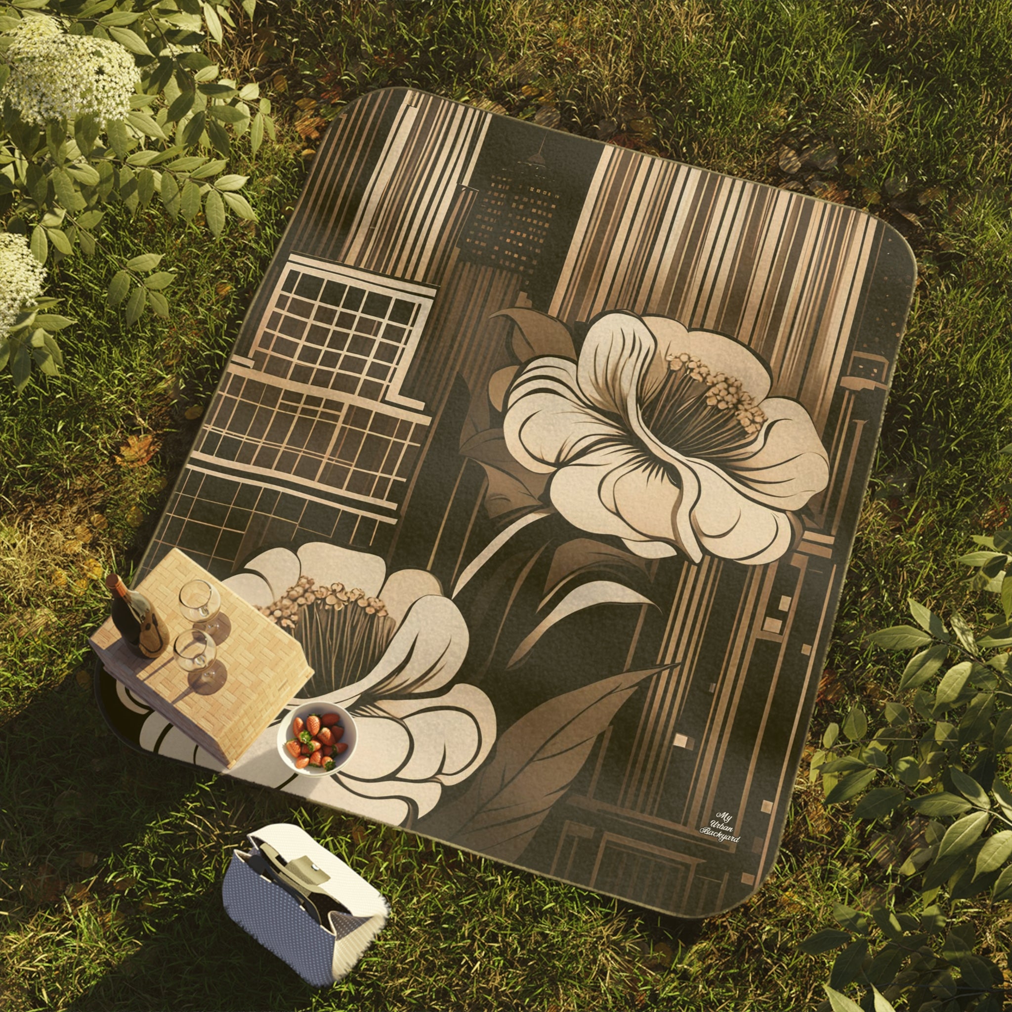 City Flowers, Outdoor Picnic Blanket with Soft Fleece Top, Water-Resistant Bottom, 51" × 61"