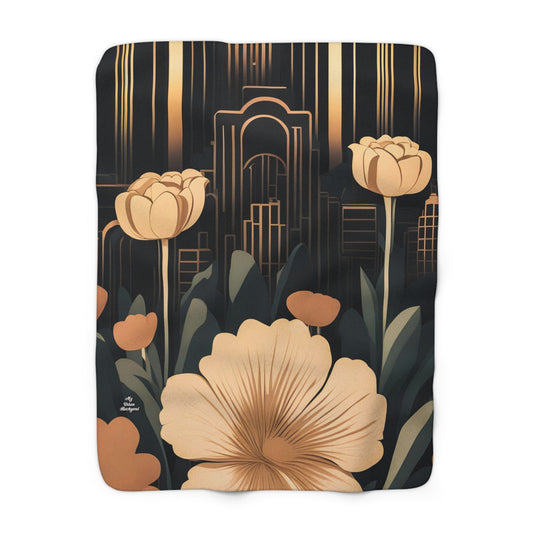 Flowers with Art Deco Building, Sherpa Fleece Blanket for Cozy Warmth, 50"x60"