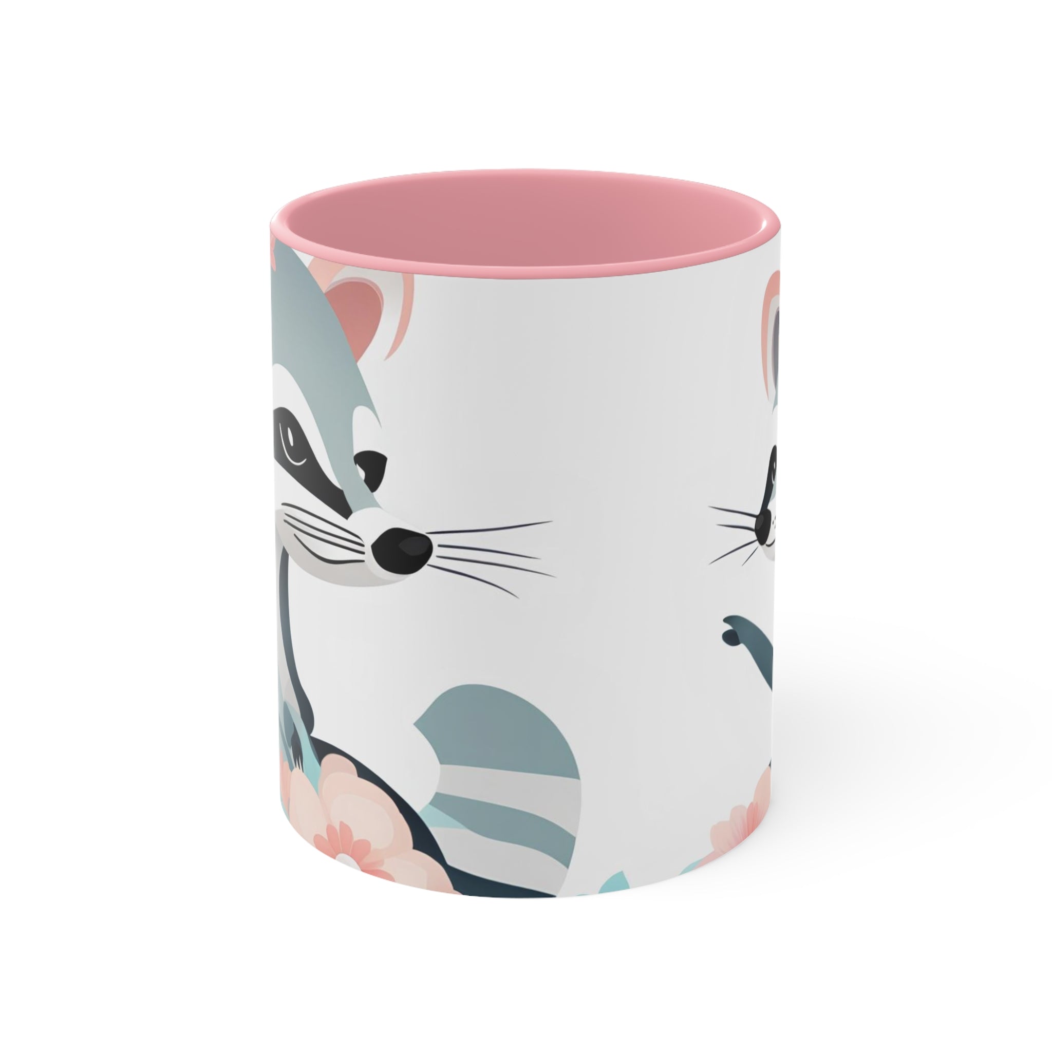 Two Raccoons with Pastel Flowers, Ceramic Coffee Mug