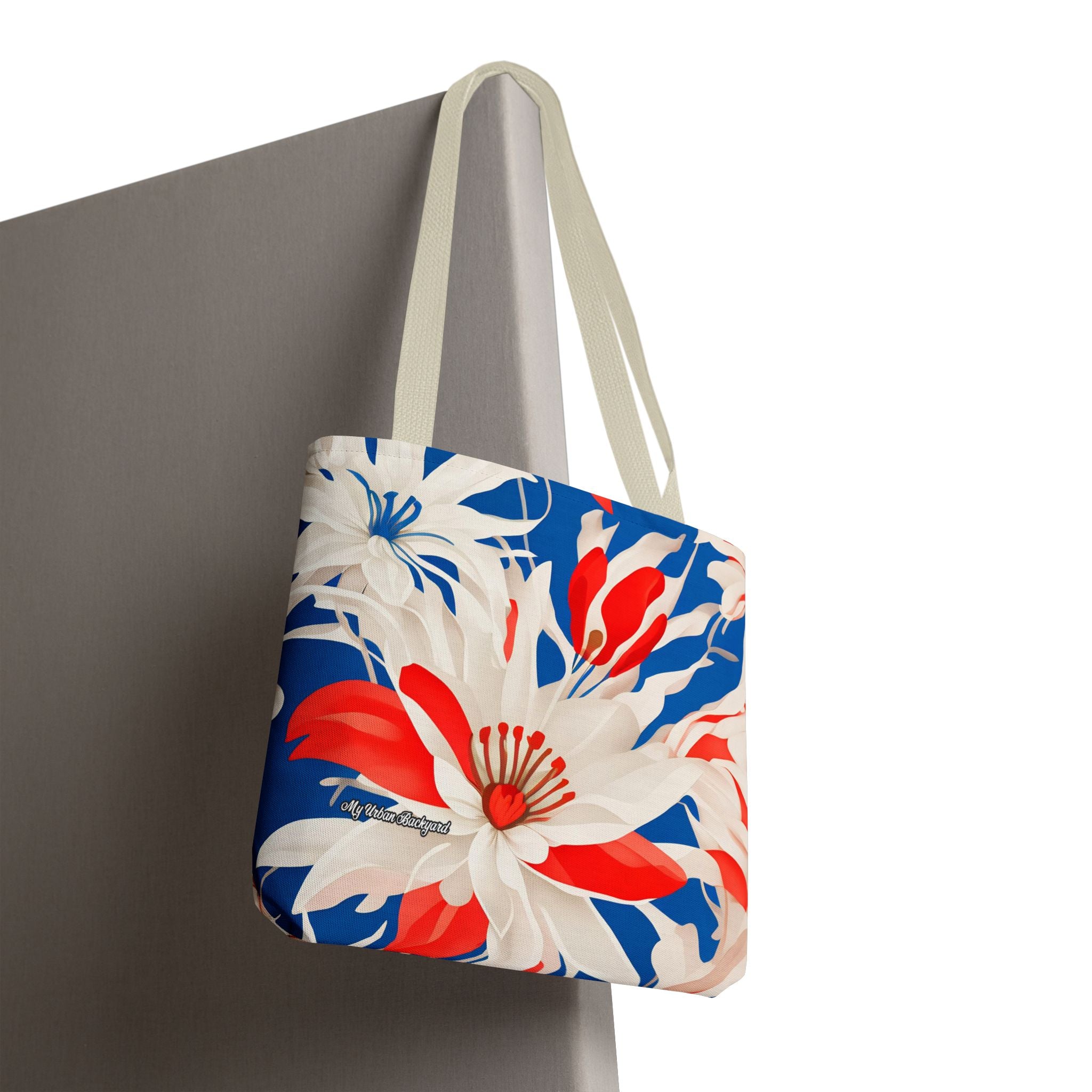 Red White & Blue Flowers Tote Bag with Cotton Handles For Everyday Use, 3 Sizes