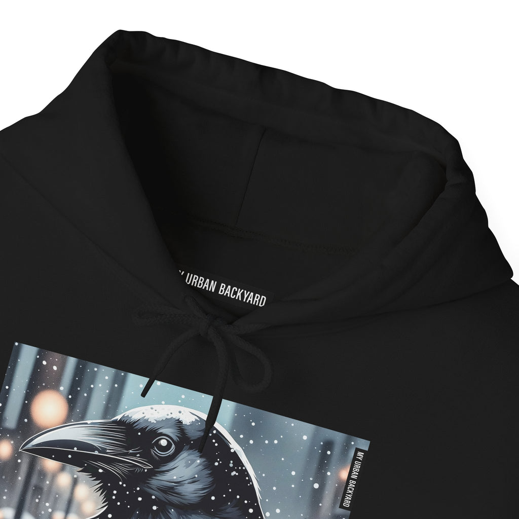 Urban Crow In Falling Snow Hoodie — Comfy Winter Graphic Hoodie