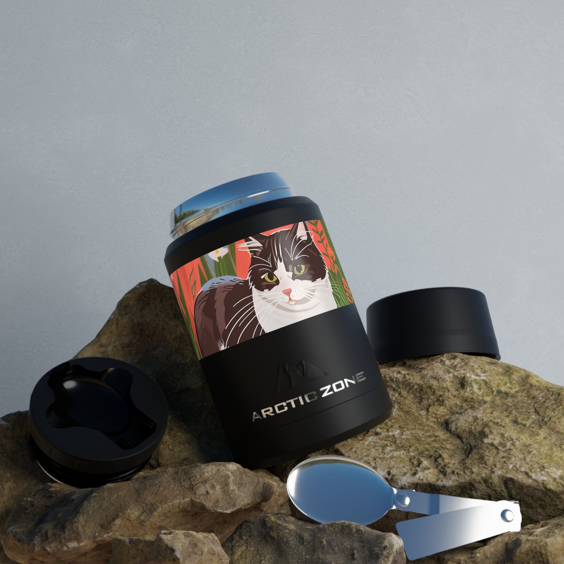 Cat with Wildflowers, Reusable Insulated Food Storage Container with Spoon – 16.9oz