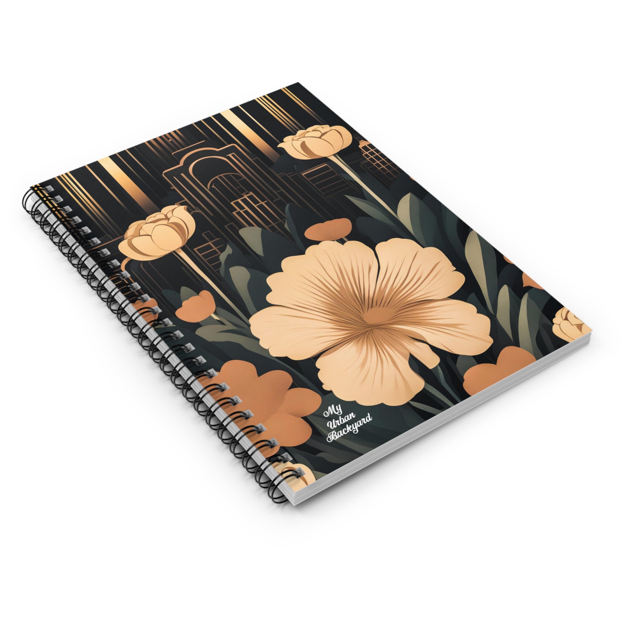 Flowers with Art Deco Building, Spiral Notebook Writing Journal - 118 Ruled Pages
