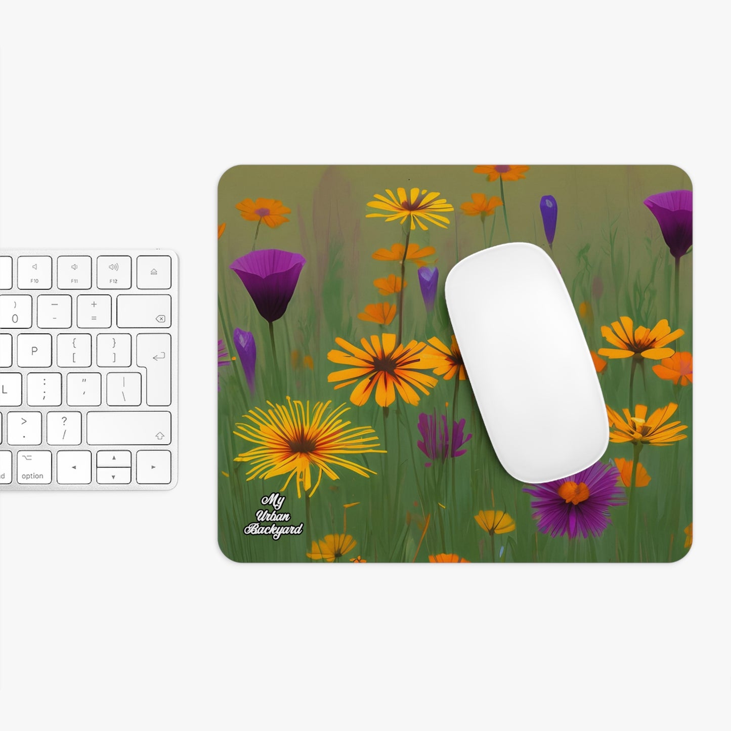 Computer Mouse Pad with Non-slip rubber bottom for Home or Office - Orange and Purple Wildflowers