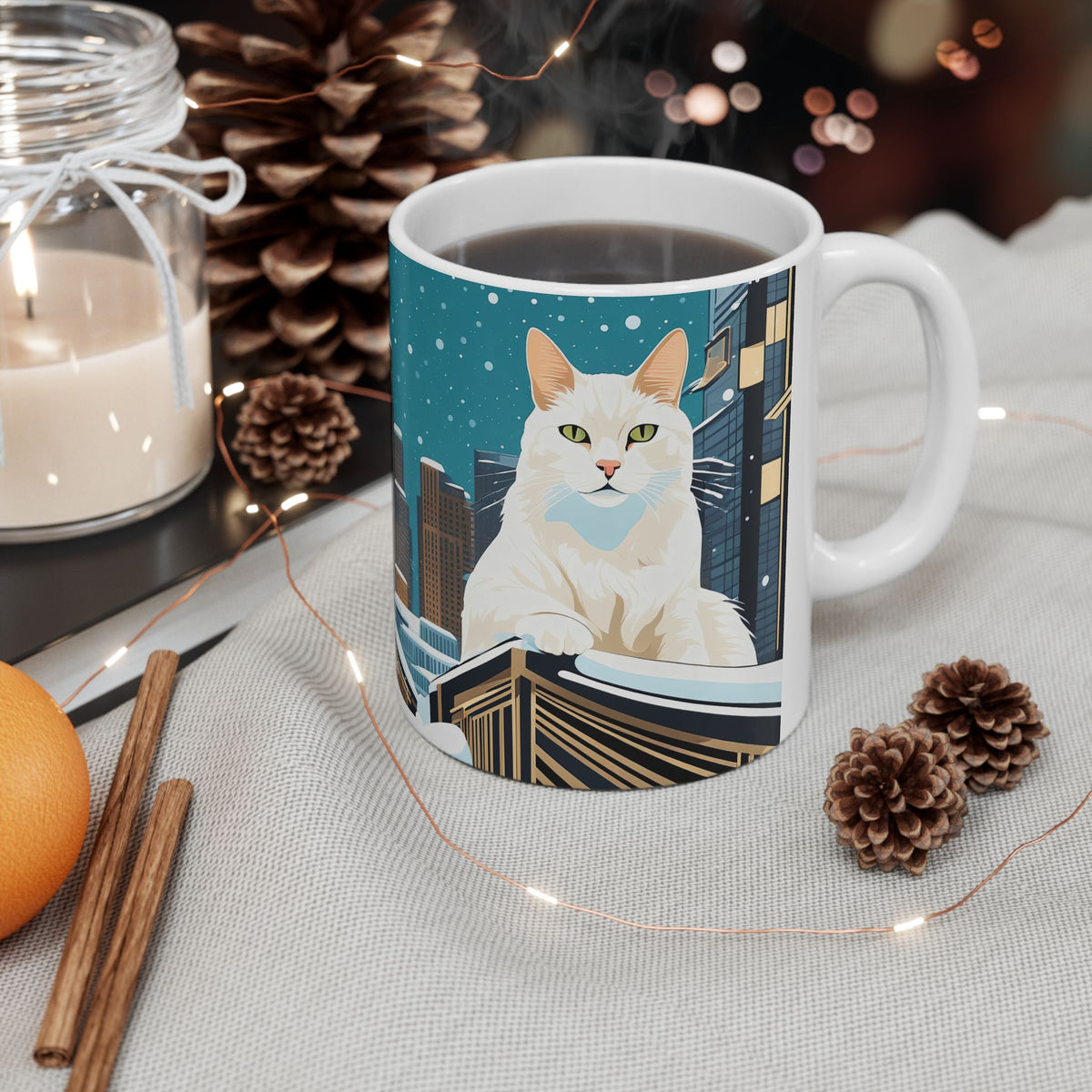 Snowy City Cat Ceramic Mug - 11 oz