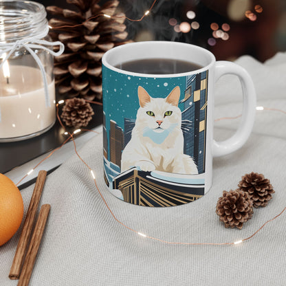 Snowy City Cat Ceramic Mug - 11 oz