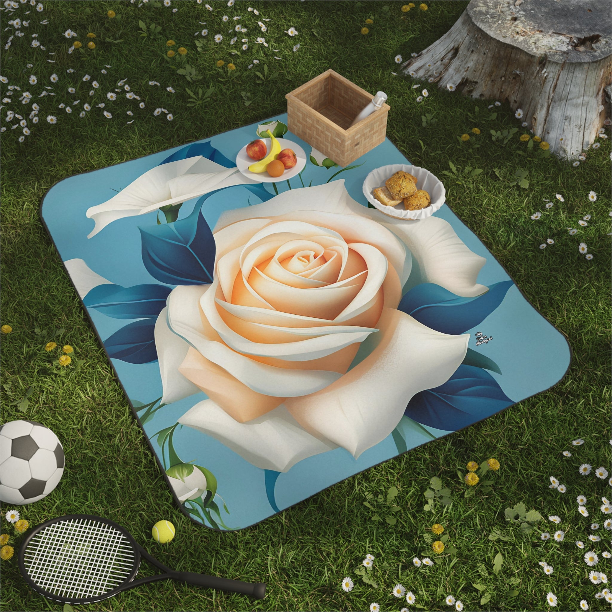 Large Flower, Cozy Outdoor Picnic Blanket, Water-Resistant Bottom, 51" × 61"