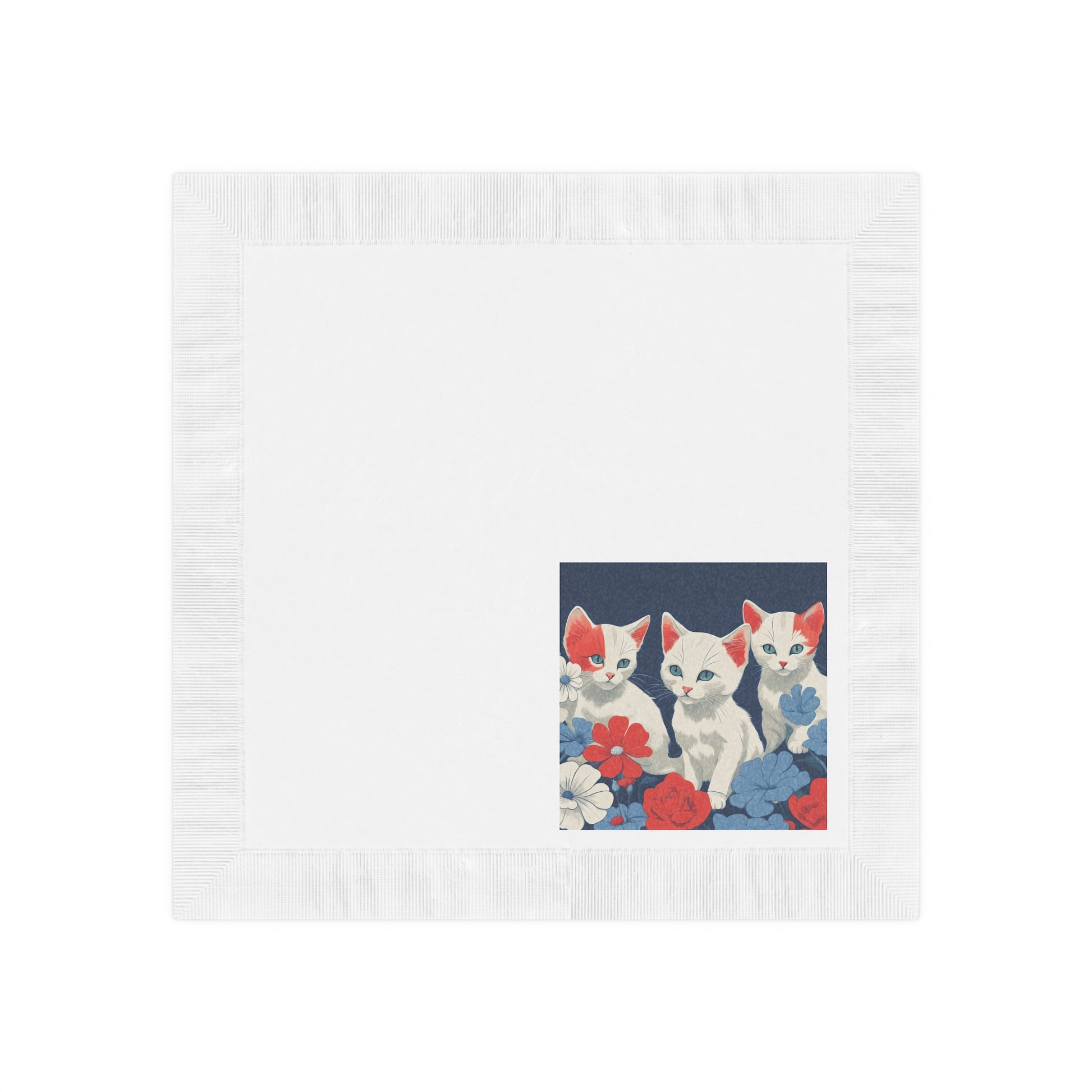 Cat Trio Floral Napkins — Cute Kittens Red White Blue Party Napkins, 2 sizes, Pack of 50 or 100