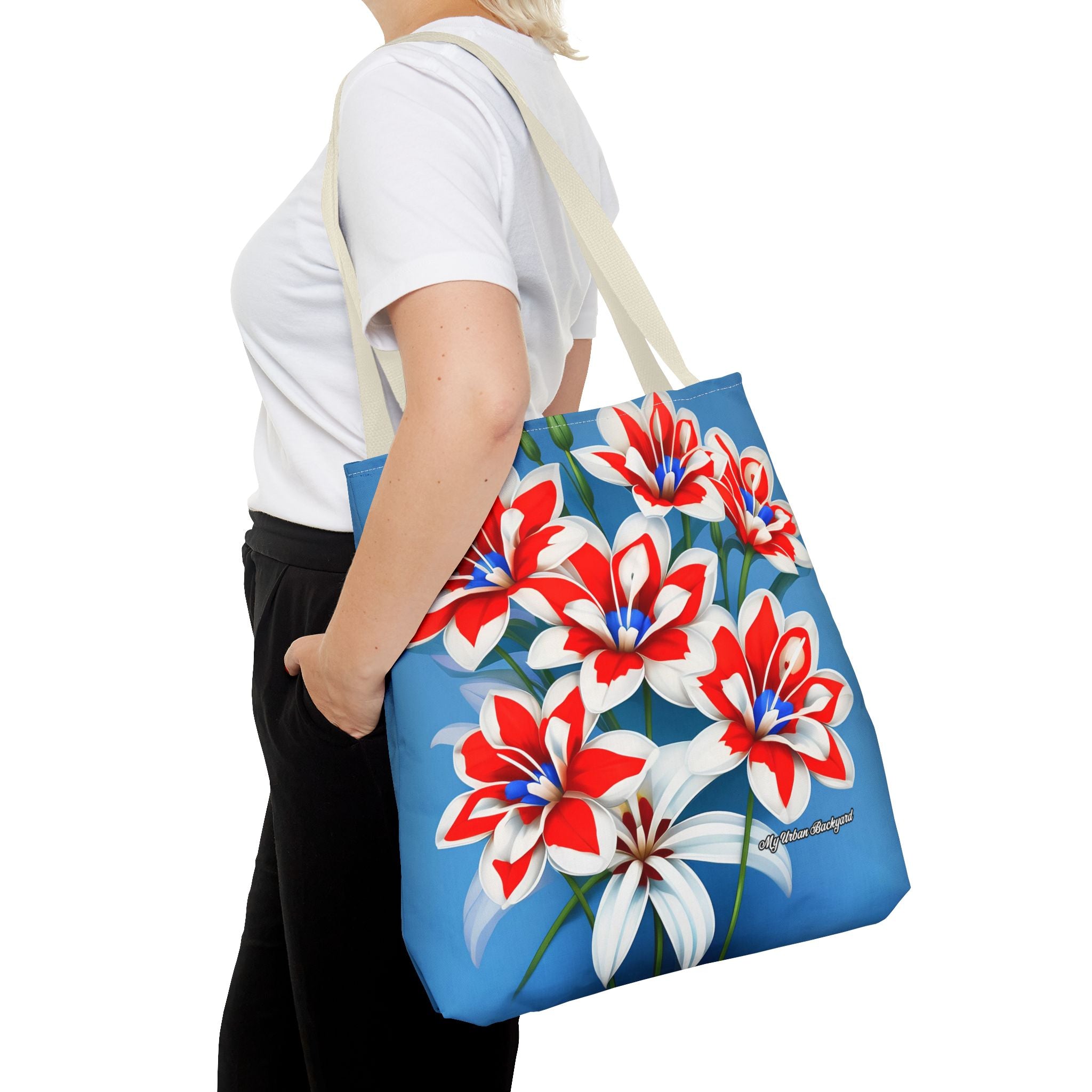 Bouquet of Red White and Blue Flowers Tote Bag with Cotton Handles For Everyday Use, 3 Sizes