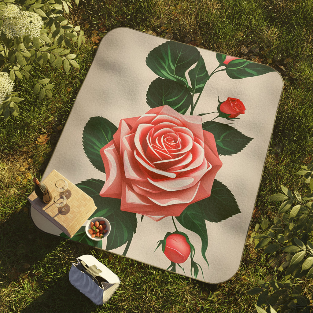 Pink Rose Flowers, Cozy Outdoor Picnic Blanket , Water-Resistant Bottom, 51" × 61"
