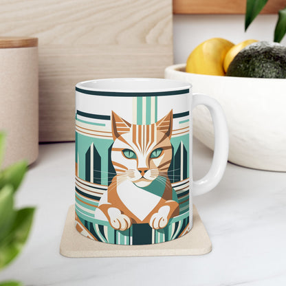 Art Deco Tabby Cat Ceramic Mug