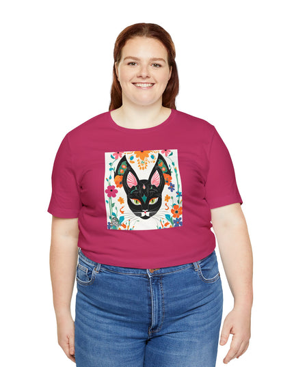 Black Cat w Green Eyes & Flowers, Soft 100% Jersey Cotton T-Shirt, Unisex, Short Sleeve, Retail Fit