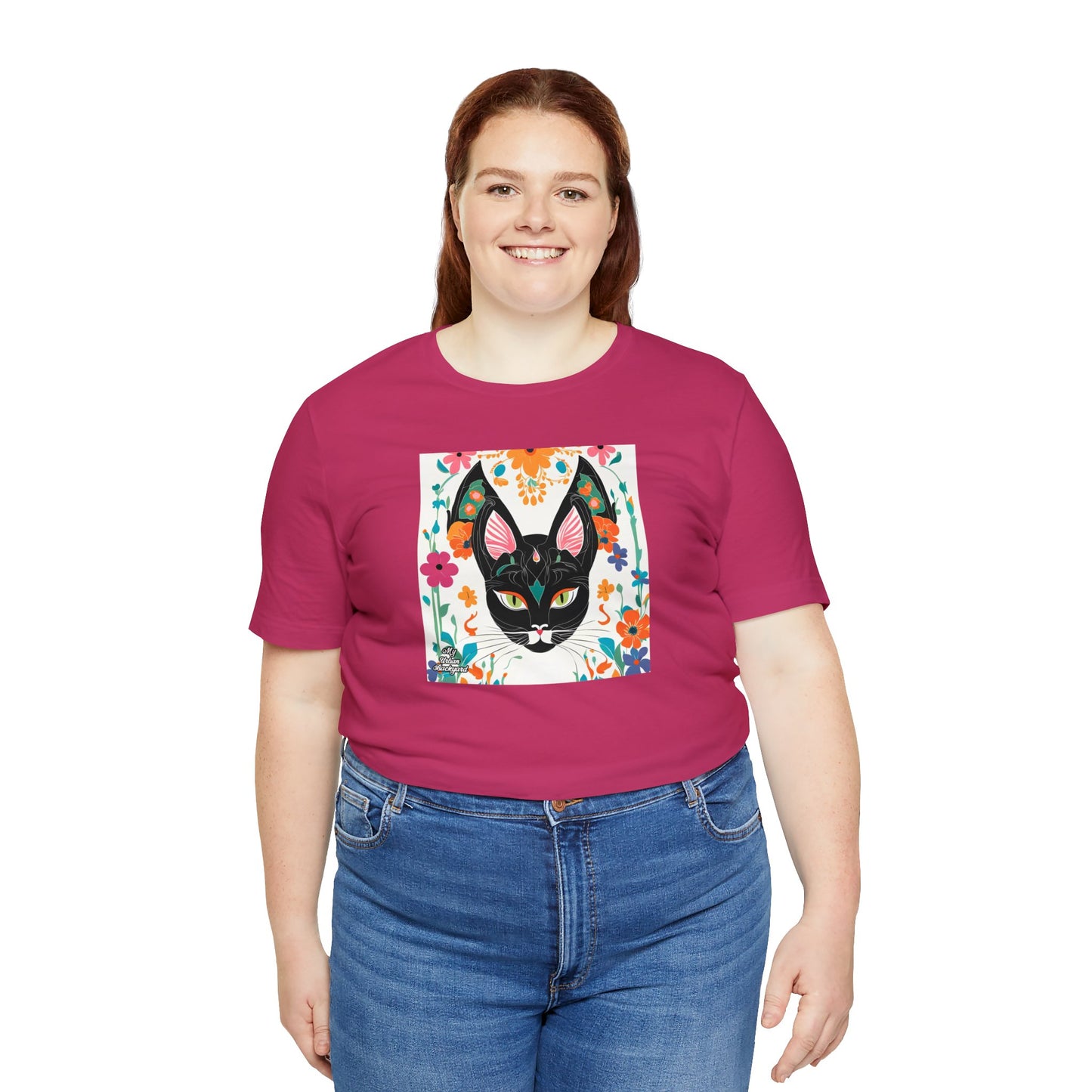 Black Cat w Green Eyes & Flowers, Soft 100% Jersey Cotton T-Shirt, Unisex, Short Sleeve, Retail Fit