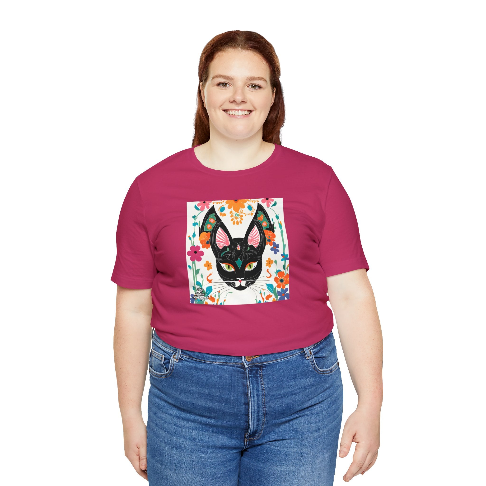 Black Cat w Green Eyes & Flowers, Soft 100% Jersey Cotton T-Shirt, Unisex, Short Sleeve, Retail Fit