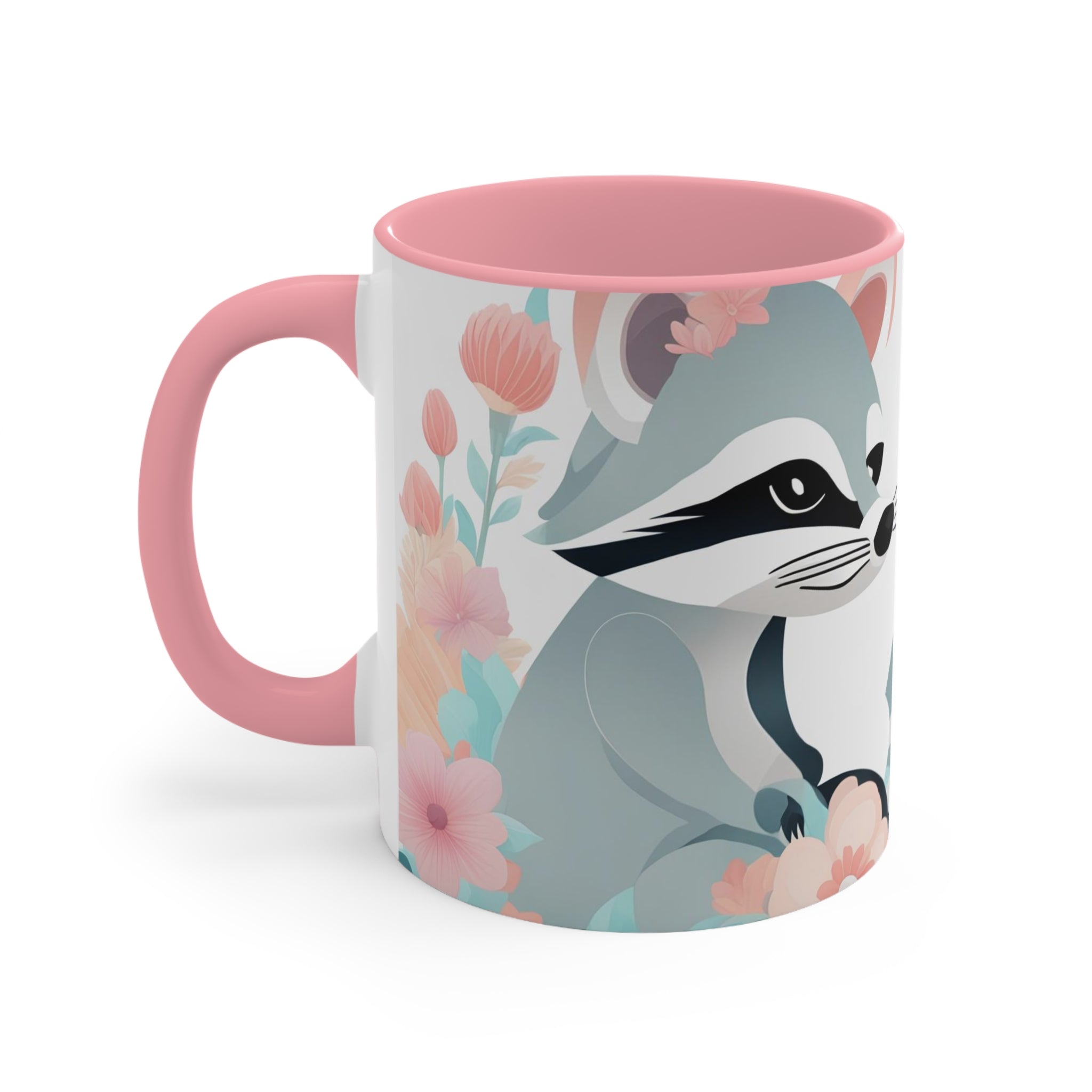 Two Raccoons with Pastel Flowers, Ceramic Coffee Mug