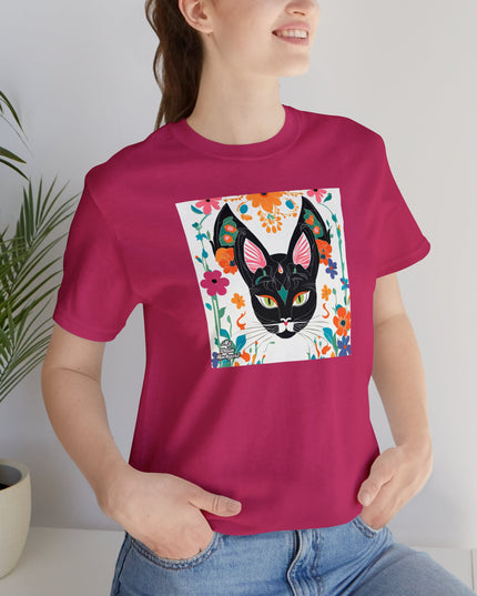 Black Cat w Green Eyes & Flowers, Soft 100% Jersey Cotton T-Shirt, Unisex, Short Sleeve, Retail Fit