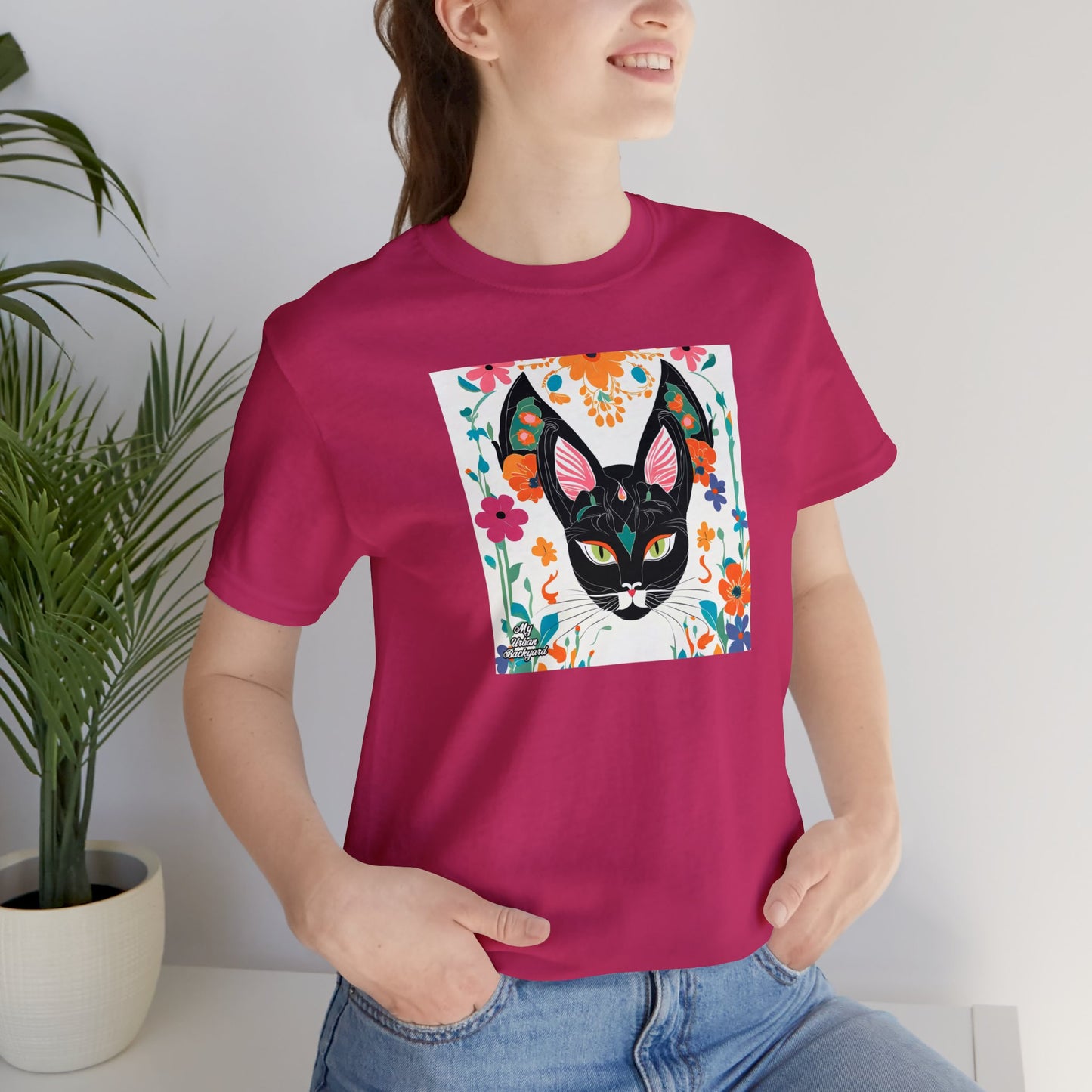 Black Cat w Green Eyes & Flowers, Soft 100% Jersey Cotton T-Shirt, Unisex, Short Sleeve, Retail Fit