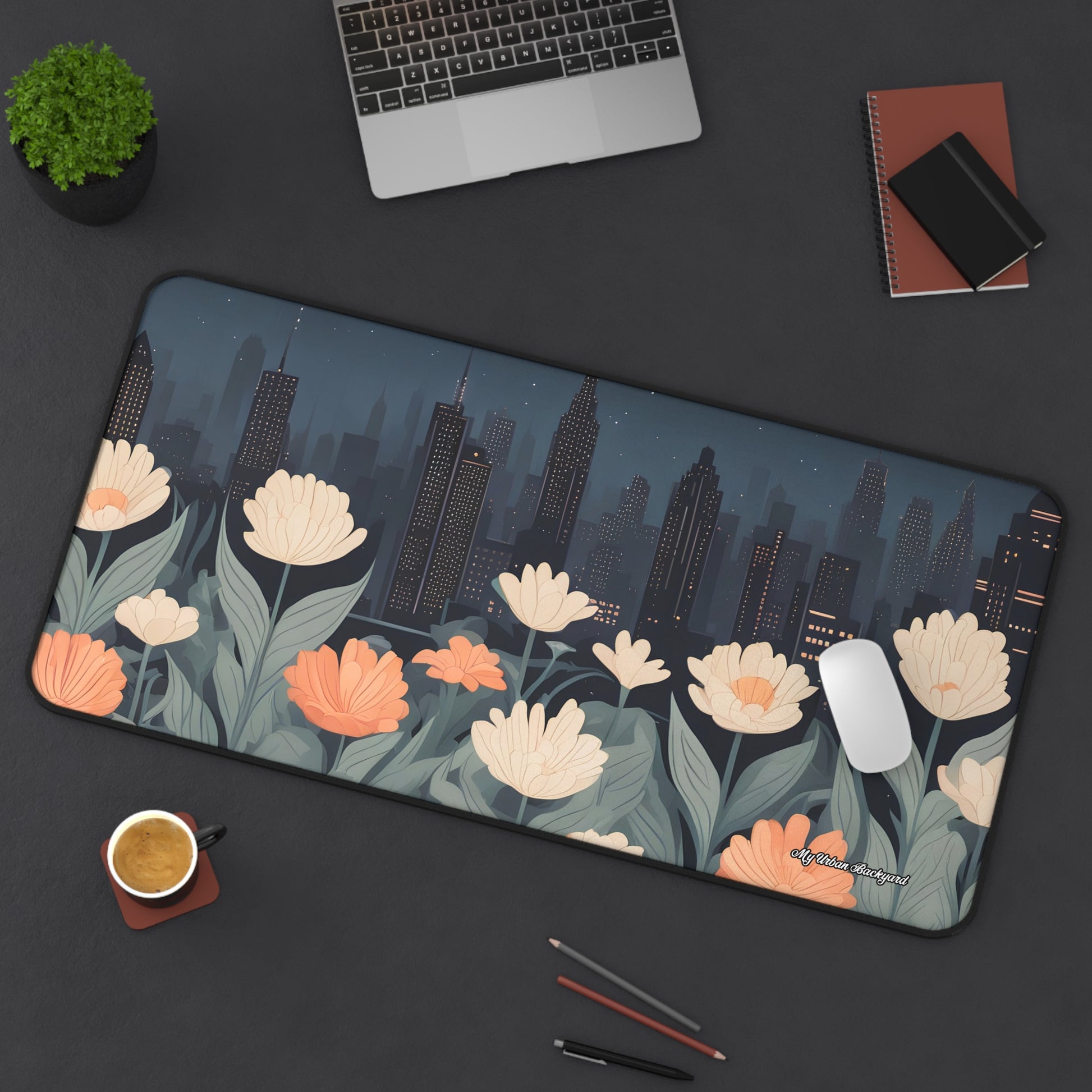Urban Night Blossoms Desk Mat, Vibrant Desk Accessories, Home Office Decor, Computer Mouse Pad, Gift for Her
