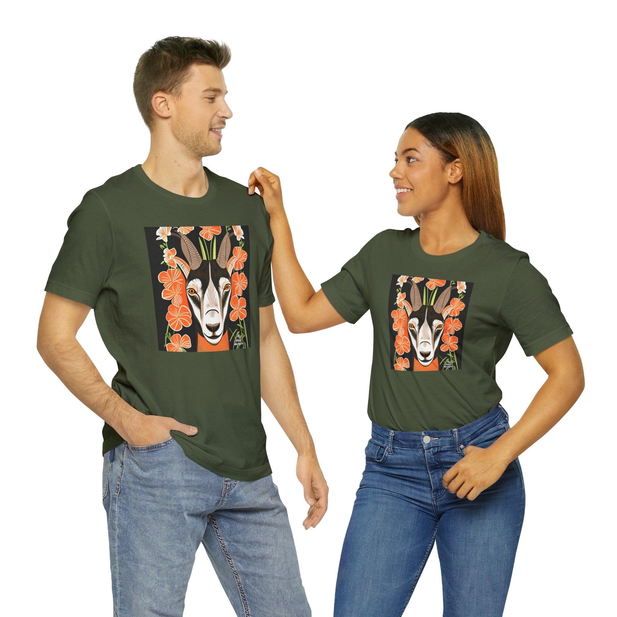 Goat with Orange Flowers, 100% Jersey Cotton T-Shirt