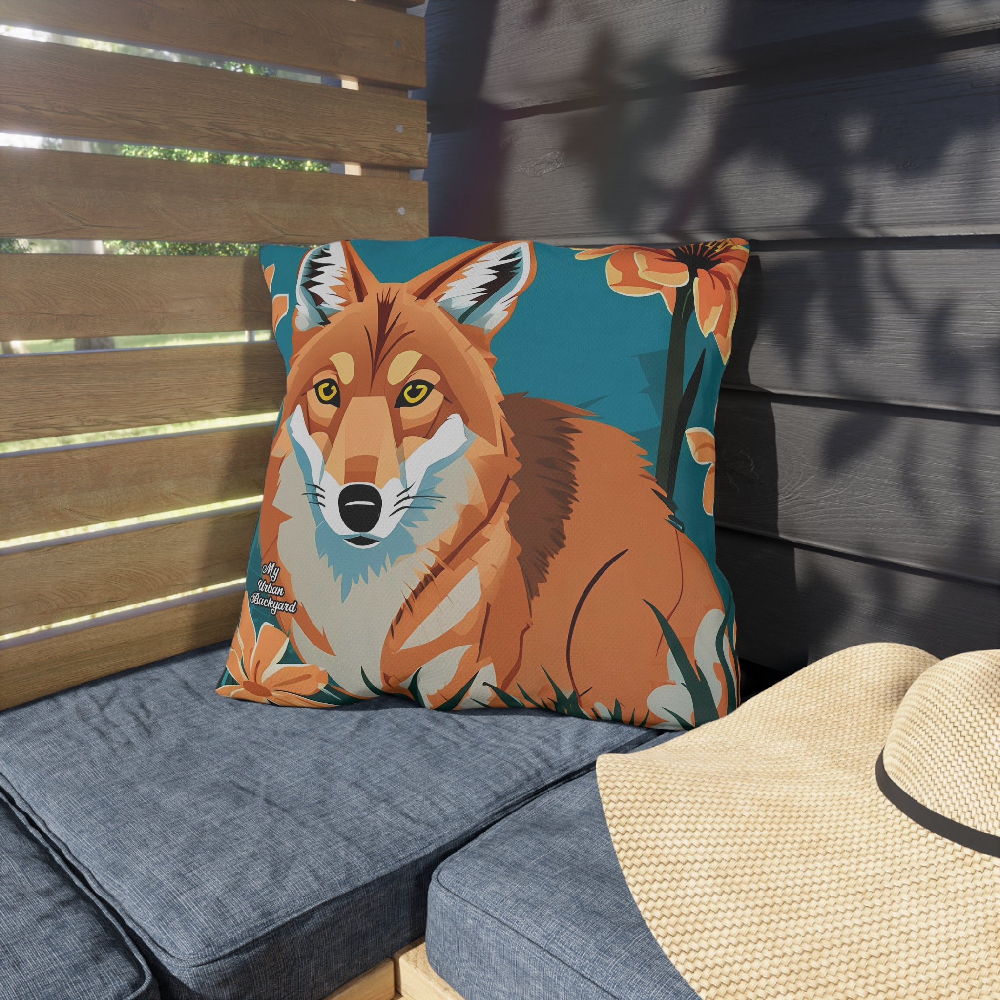 Coyote and Wildflowers, Sable accent color, Throw Pillow