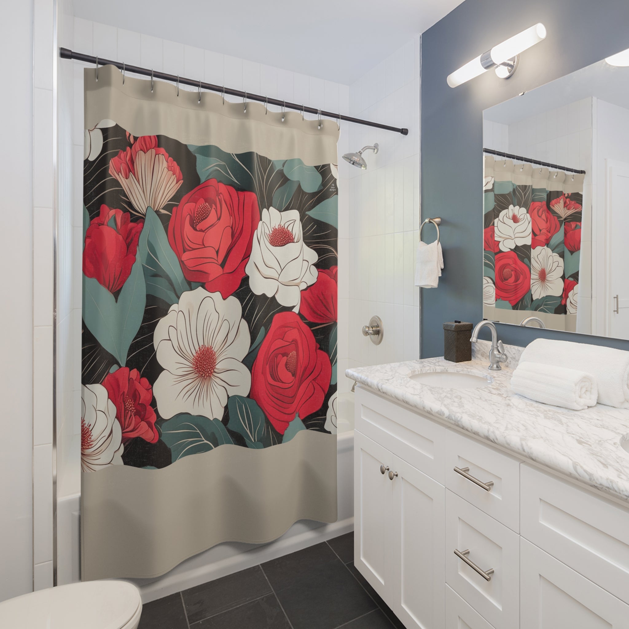 Tan Shower Curtain with Floral Shower Curtain, Gift for Her, Romantic Style - 71" x 74"