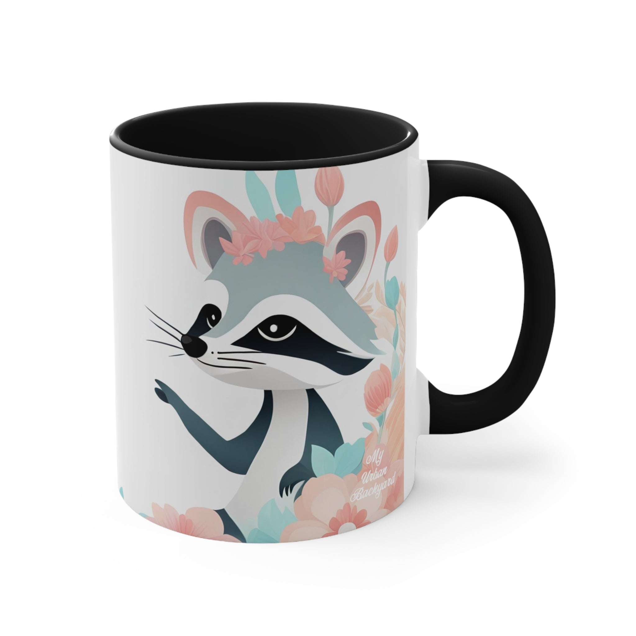 Two Raccoons with Pastel Flowers, Ceramic Coffee Mug