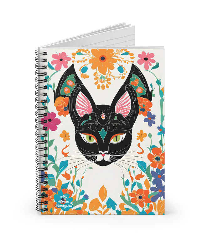 Black Cat with Green Eyes & Flowers, Spiral Notebook Journal - Write in Style