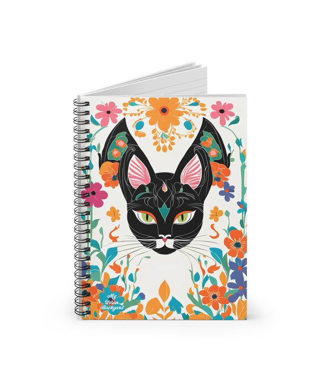Black Cat with Green Eyes & Flowers, Spiral Notebook Journal - Write in Style