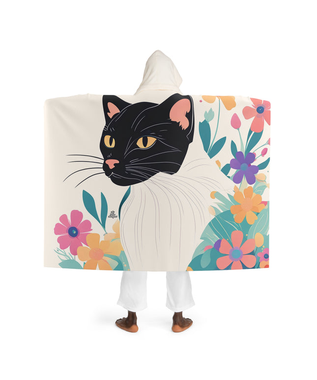 Black Cat with Pastel Flowers, Cozy Hooded Sherpa Fleece Blanket