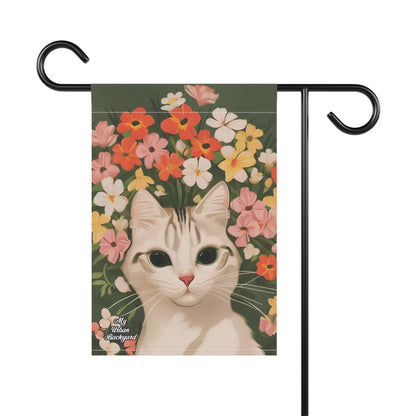 White Cat and Flowers, Garden Flag for Yard, Patio, Porch, or Work, 12"x18" - Flag only