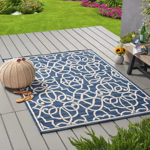 Outdoor Rug, Navy Blue and Ivory, 7'6" x 5'3"