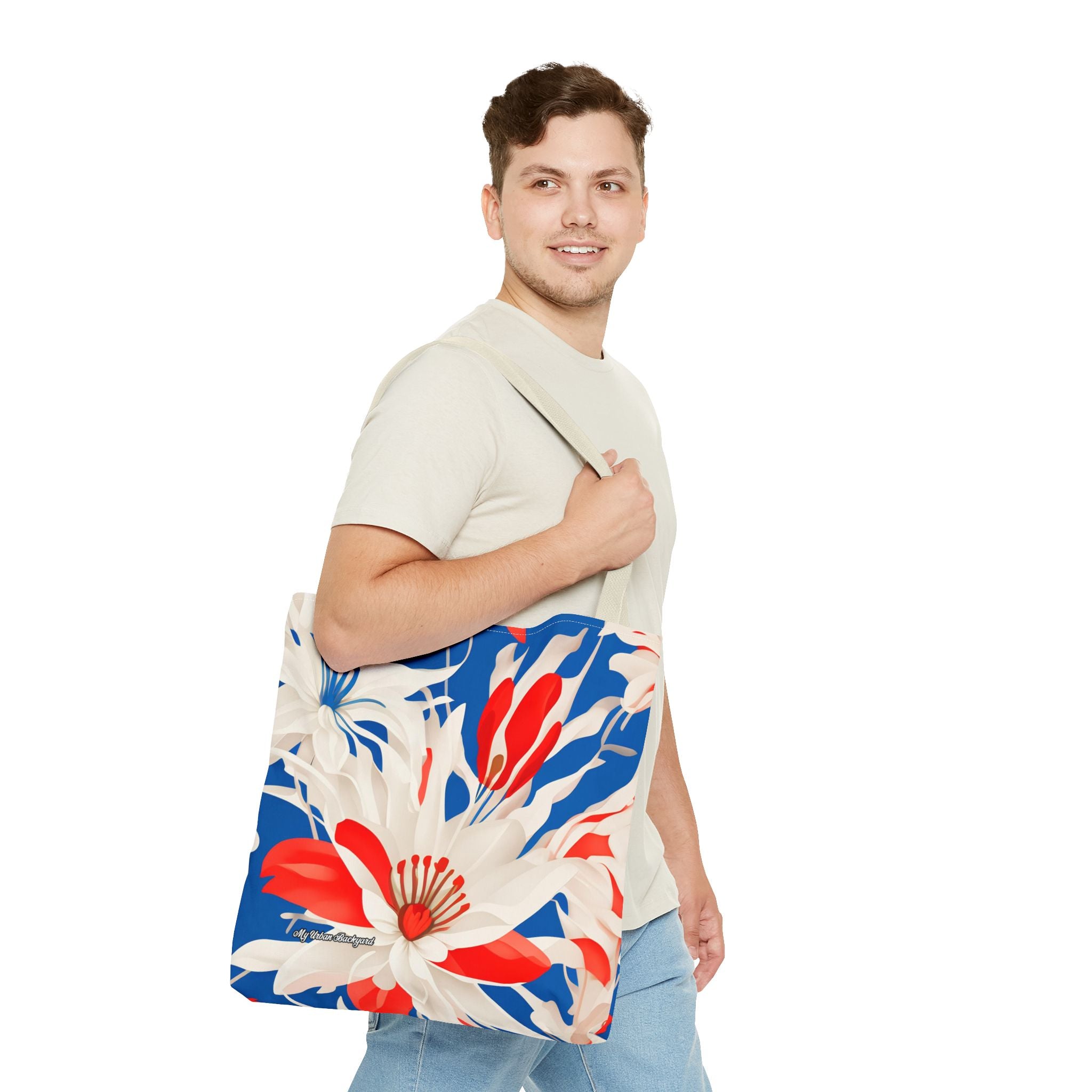 Red White & Blue Flowers Tote Bag with Cotton Handles For Everyday Use, 3 Sizes