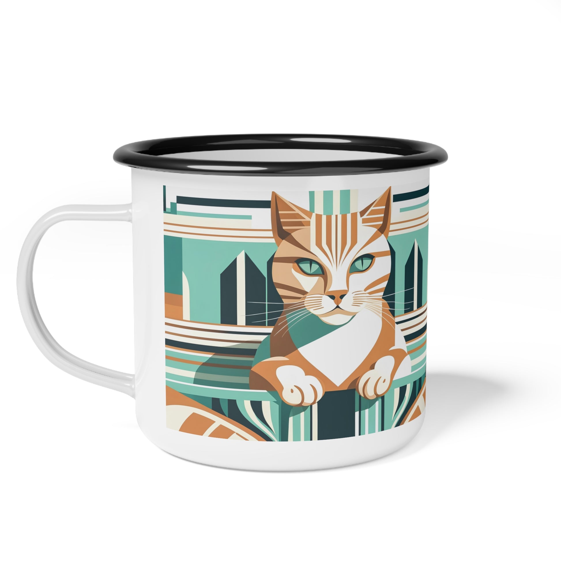 Art Deco Tabby Cat, Enamel Camping Mug for Coffee, Tea, Cocoa, or Cereal - 12oz