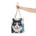 Cat and Blue Flowers Tote Bag with Cotton Handles For Everyday Use, 3 Sizes