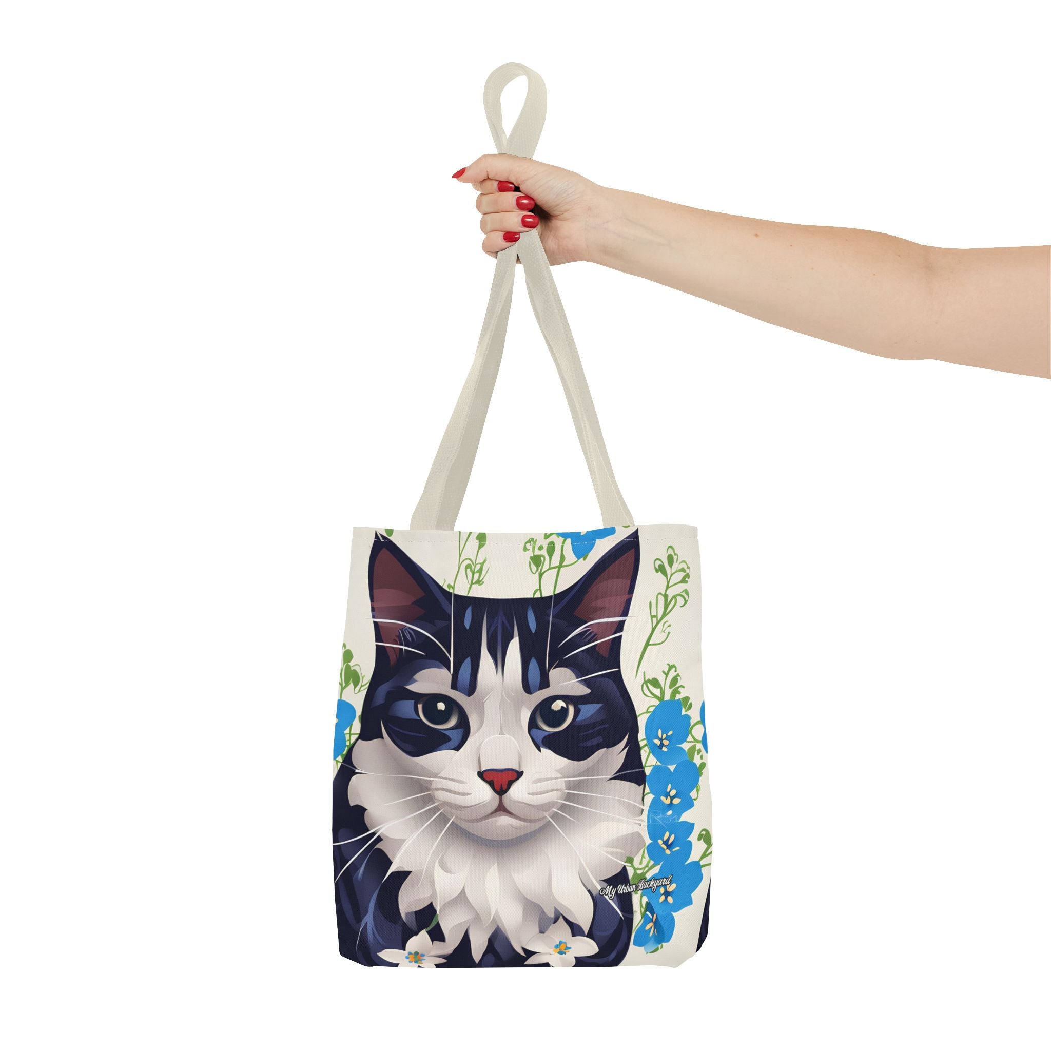 Cat and Blue Flowers Tote Bag with Cotton Handles For Everyday Use, 3 Sizes