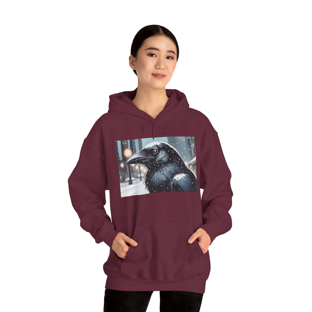 Urban Crow In Falling Snow Hoodie — Comfy Winter Graphic Hoodie