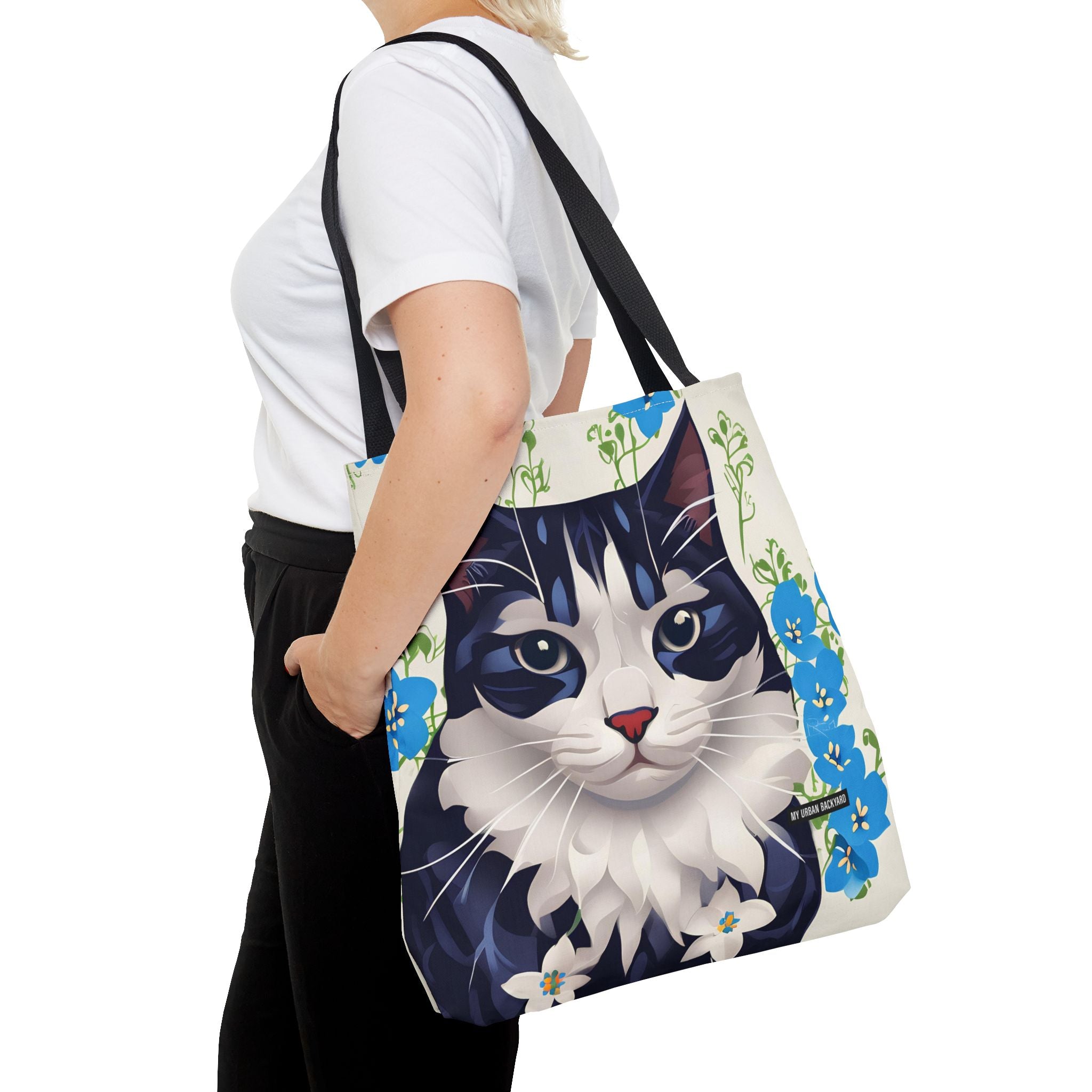Cat and Blue Flowers, Tote Bag with Cotton Handles